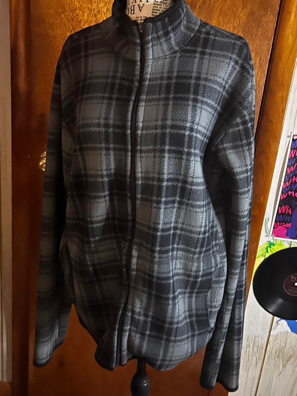 Gray and Black Plaid Full-Zip Fleece Jacket